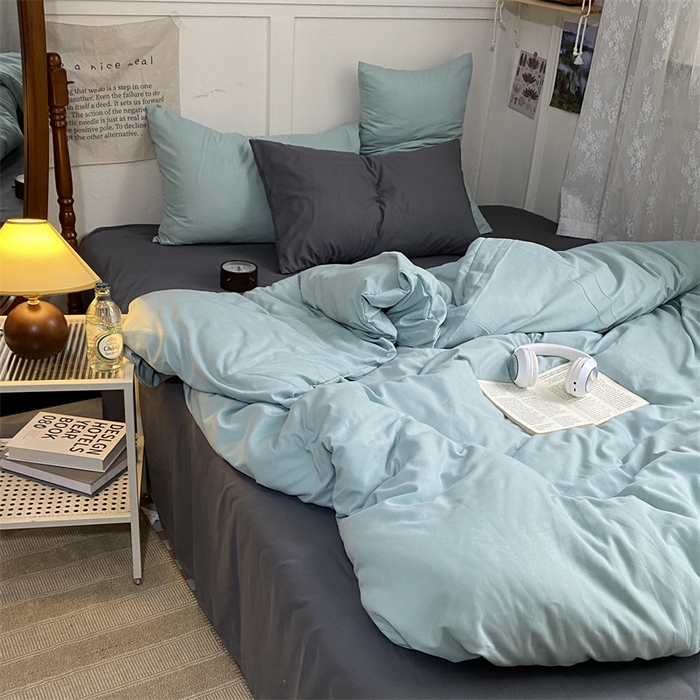 91家纺网 家纺一手货源 找家纺 优迈 2024新款ins风小红书同款纯色双拼水洗棉四件套亲肤加厚磨毛四件套混搭系列-单被套单床单单枕套单床笠 独白绿灰