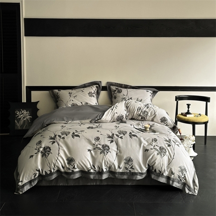 91家纺网 家纺一手货源 找家纺 由丽家纺 2025新款6月数码印花四件套 墨霜-灰