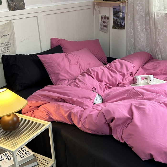91家纺网 家纺一手货源 找家纺 优迈 2024新款ins风小红书同款纯色双拼水洗棉四件套亲肤加厚磨毛四件套混搭系列-单被套单床单单枕套单床笠 树莓粉黑
