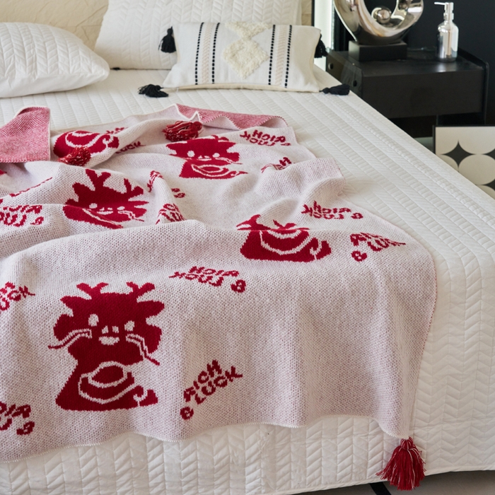 91家纺网 家纺一手货源 找家纺 苏艺针织盖毯 2024新款龙年限定针织亲肤毯龙年大吉盖毯 龙年进宝  (白）