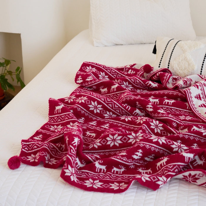 91家纺网 家纺一手货源 找家纺 苏艺针织盖毯 2024新款针织圣诞新年款毛毯 冰雪麋鹿小