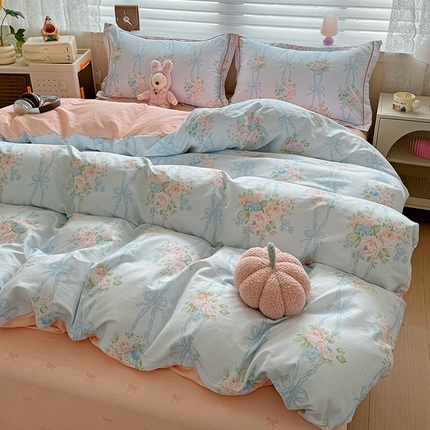 乐童 2024新款直播爆款13070纯棉印花吊边款一字绣四件套第八波花间清幽