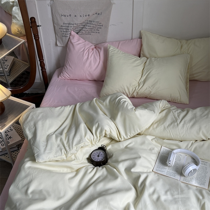 91家纺网 家纺一手货源 找家纺 优迈 2024新款ins风小红书同款纯色双拼水洗棉四件套亲肤加厚磨毛四件套混搭系列-单被套单床单单枕套单床笠 芝士桃桃