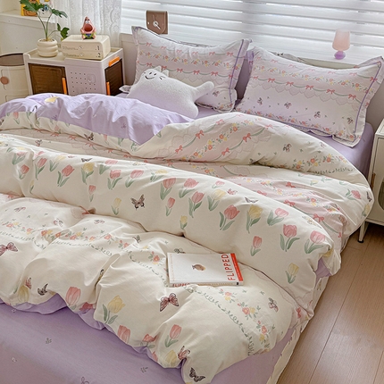 91家纺网 家纺一手货源 找家纺 乐童 2024新款直播爆款13070纯棉印花吊边款一字绣四件套第八波蝶舞