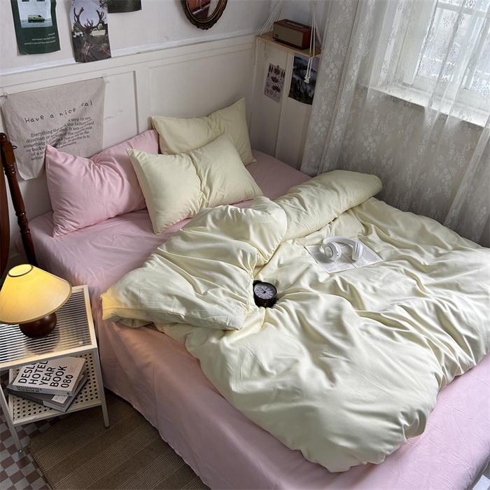 91家纺网 家纺一手货源 找家纺 优迈 2024新款ins风小红书同款纯色双拼水洗棉四件套亲肤加厚磨毛四件套混搭系列-单被套单床单单枕套单床笠 芝士桃桃