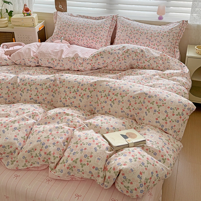 91家纺网 家纺一手货源 找家纺 乐童 2024新款直播爆款13070纯棉印花吊边款一字绣四件套第八波小花兔