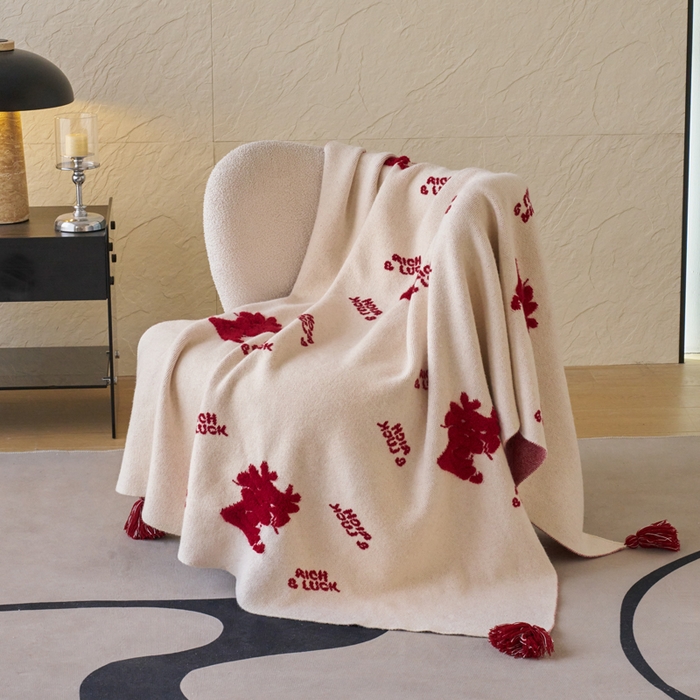 91家纺网 家纺一手货源 找家纺 苏艺针织盖毯 2024龙年限定高克重一体针织毛巾绣亲肤毛毯盖毯 祥龙献瑞（白)