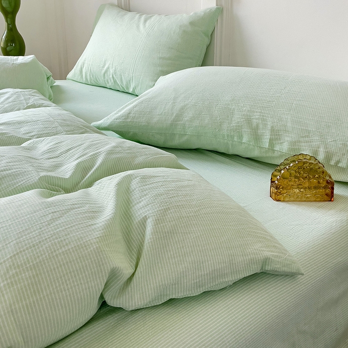 91家纺网 家纺一手货源 找家纺 呗旺鹿 2024新款A类40支全棉色织水洗棉四件套全棉四件套纯棉四件套无印风 魅力条纹绿