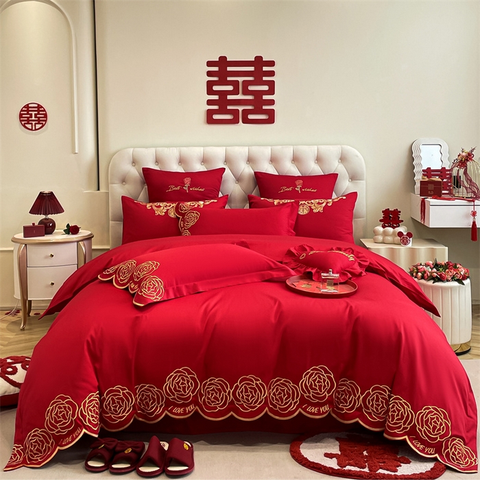 91家纺网 家纺一手货源 找家纺 东方合美（原：皇家传奇） 2024新款轻奢纯棉贡缎织造印花婚庆四件套 黛丝