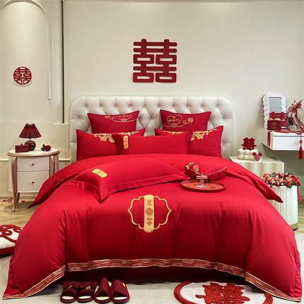 东方合美（原：皇家传奇） 2024新款轻奢纯棉贡缎织造印花婚庆四件套 喜事