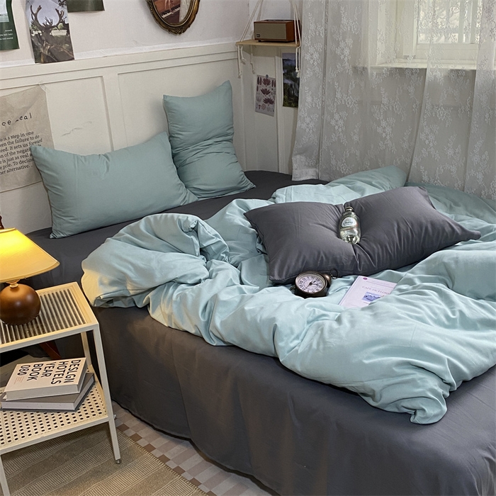 91家纺网 家纺一手货源 找家纺 优迈 2024新款ins风小红书同款纯色双拼水洗棉四件套亲肤加厚磨毛四件套混搭系列-单被套单床单单枕套单床笠 独白绿灰