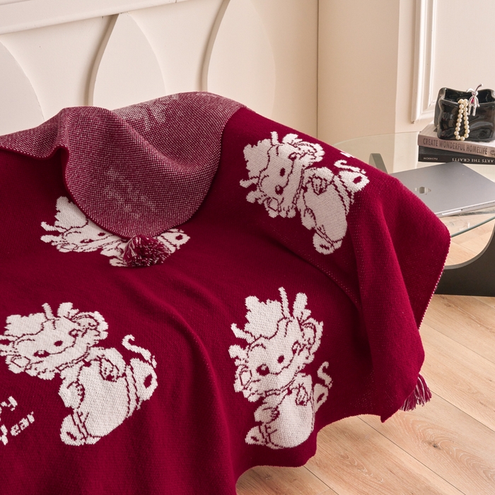 91家纺网 家纺一手货源 找家纺 苏艺针织盖毯 2024新款龙年限定针织亲肤毯龙年大吉盖毯 龙年大吉（红）