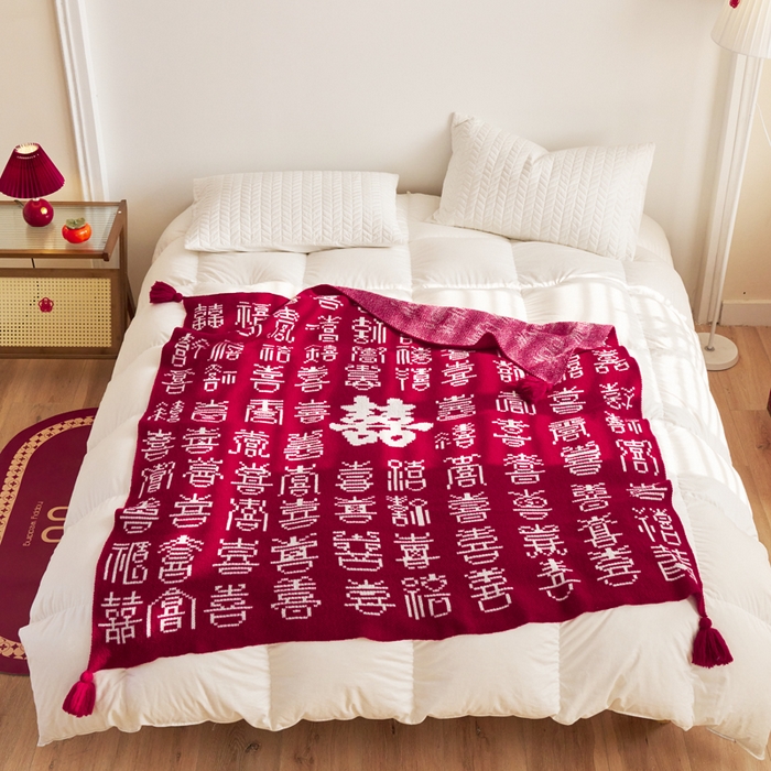 91家纺网 家纺一手货源 找家纺 苏艺针织盖毯 2024新款针织中式风高端婚礼喜字毛毯沙发盖毯 百喜毯（繁）