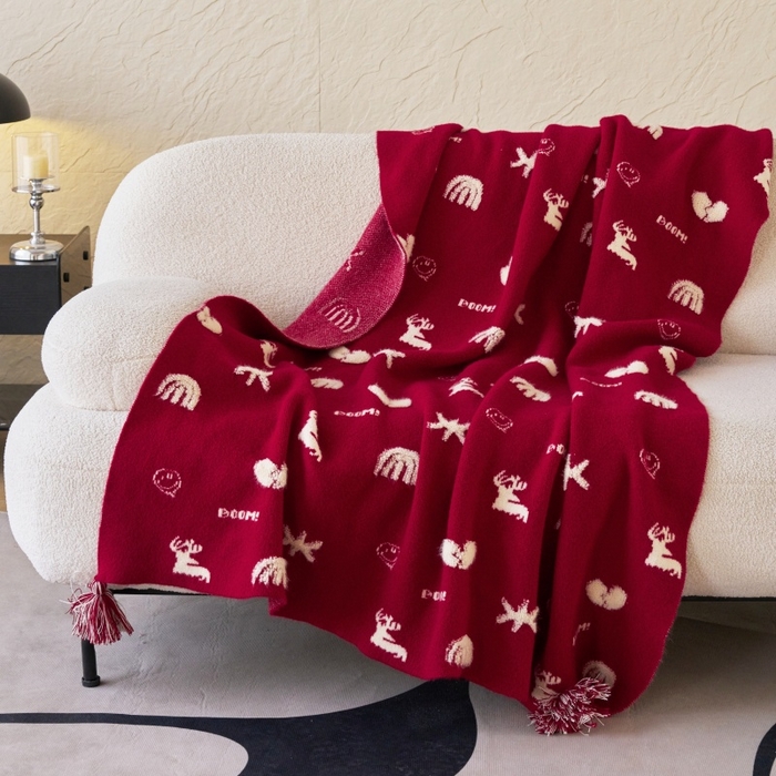 91家纺网 家纺一手货源 找家纺 苏艺针织盖毯 2024龙年限定高克重一体针织毛巾绣亲肤毛毯盖毯 一鹿有你（红）