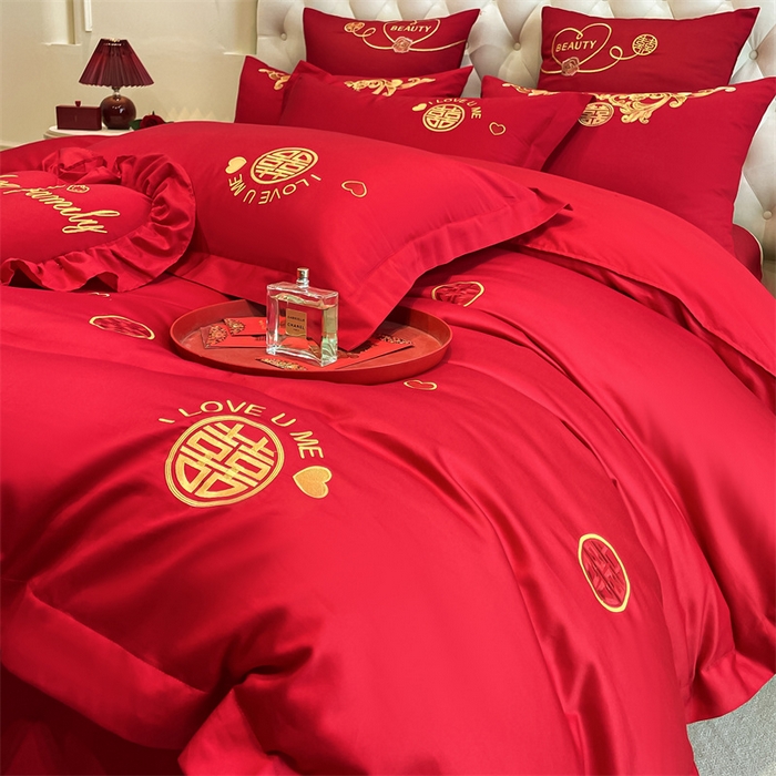 91家纺网 家纺一手货源 找家纺 东方合美（原：皇家传奇） 2024新款轻奢纯棉贡缎织造印花婚庆四件套 喜乐