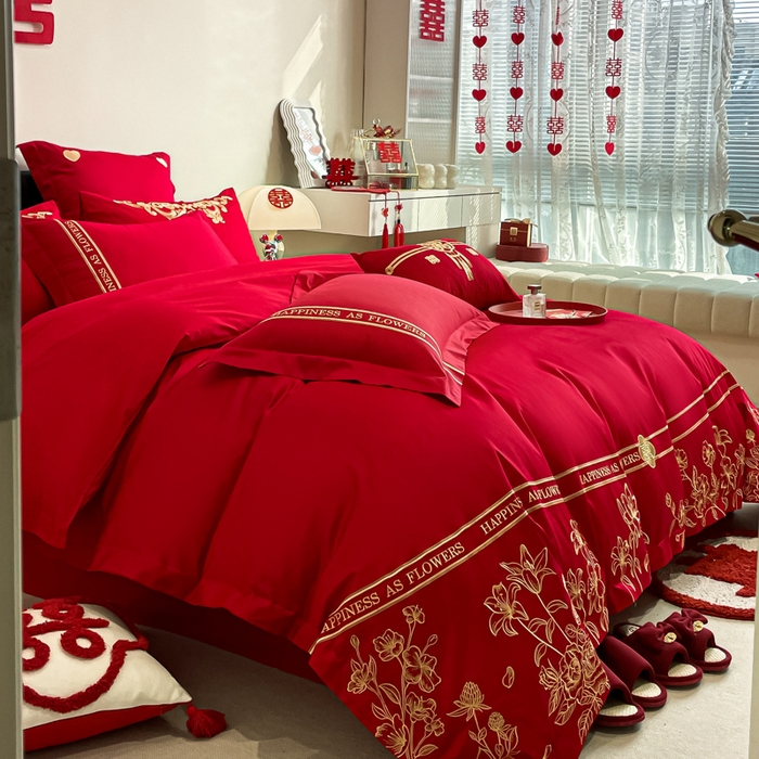 91家纺网 家纺一手货源 找家纺 东方合美（原：皇家传奇） 2024新款轻奢纯棉贡缎织造印花婚庆四件套 爱情花语