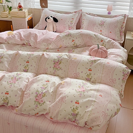 乐童 2024新款直播爆款13070纯棉印花吊边款一字绣四件套第八波少女心结