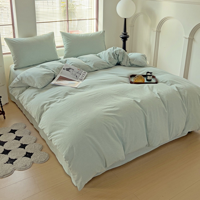 91家纺网 家纺一手货源 找家纺 呗旺鹿 2024新款A类40支全棉色织水洗棉四件套全棉四件套纯棉四件套无印风 时尚简约绿