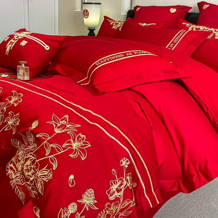 91家纺网 家纺一手货源 找家纺 东方合美（原：皇家传奇） 2024新款轻奢纯棉贡缎织造印花婚庆四件套 爱情花语