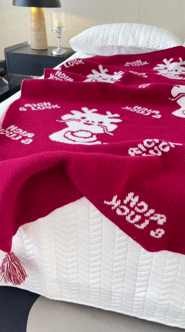 91家纺网 家纺一手货源 找家纺 苏艺针织盖毯 2024新款龙年限定针织亲肤毯龙年大吉盖毯 龙年进宝（红）