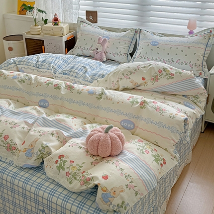 91家纺网 家纺一手货源 找家纺 乐童 2024新款直播爆款13070纯棉印花吊边款一字绣四件套第八波花边可爱兔