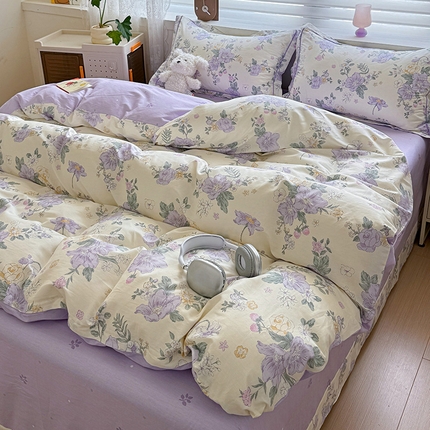 91家纺网 家纺一手货源 找家纺 乐童 2024新款直播爆款13070纯棉印花吊边款一字绣四件套第八波繁花春屿