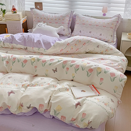 乐童 2024新款直播爆款13070纯棉印花吊边款一字绣四件套第八波蝶舞