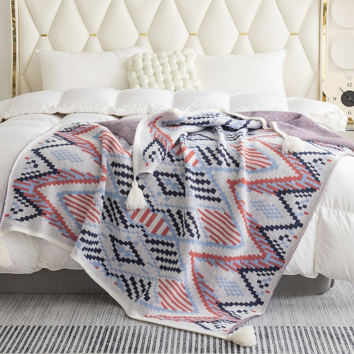 91家纺网 家纺一手货源 找家纺 苏艺针织盖毯 2024新款亲肤复古针织毯 复古蓝