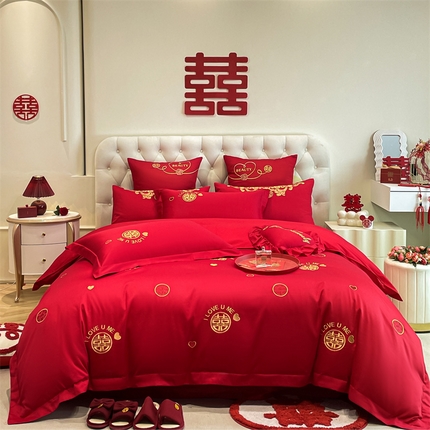 东方合美（原：皇家传奇） 2024新款轻奢纯棉贡缎织造印花婚庆四件套 喜乐