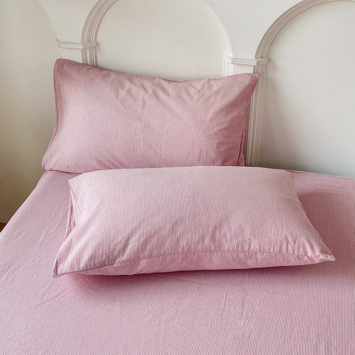 91家纺网 家纺一手货源 找家纺 呗旺鹿 2024新款A类40支全棉色织水洗棉四件套全棉四件套纯棉四件套无印风 魅力条纹豆沙