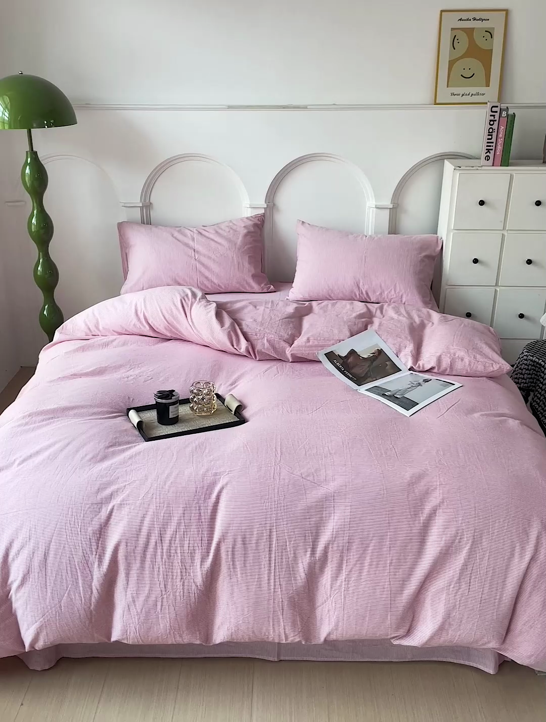 91家纺网 家纺一手货源 找家纺 呗旺鹿 2024新款A类40支全棉色织水洗棉四件套全棉四件套纯棉四件套无印风 魅力条纹豆沙