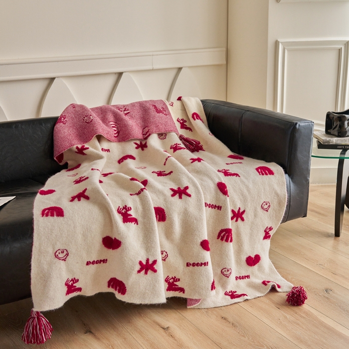 91家纺网 家纺一手货源 找家纺 苏艺针织盖毯 2024龙年限定高克重一体针织毛巾绣亲肤毛毯盖毯 一鹿有你（白）