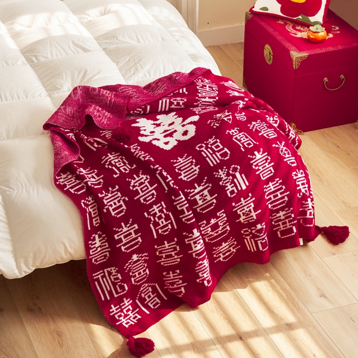 91家纺网 家纺一手货源 找家纺 苏艺针织盖毯 2024新款针织中式风高端婚礼喜字毛毯沙发盖毯 百喜毯（繁）