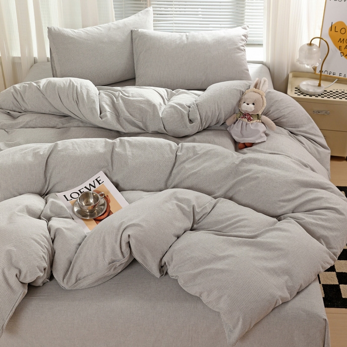 91家纺网 家纺一手货源 找家纺 呗旺鹿 2024新款A类40支全棉色织水洗棉四件套全棉四件套纯棉四件套无印风 时尚简约灰