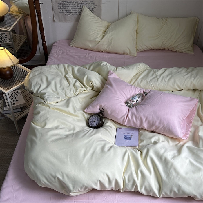 91家纺网 家纺一手货源 找家纺 优迈 2024新款ins风小红书同款纯色双拼水洗棉四件套亲肤加厚磨毛四件套混搭系列-单被套单床单单枕套单床笠 芝士桃桃