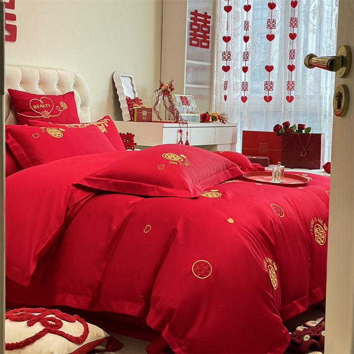 91家纺网 家纺一手货源 找家纺 东方合美（原：皇家传奇） 2024新款轻奢纯棉贡缎织造印花婚庆四件套 喜乐