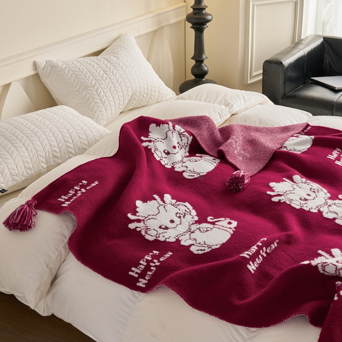 91家纺网 家纺一手货源 找家纺 苏艺针织盖毯 2024新款龙年限定针织亲肤毯龙年大吉盖毯 龙年大吉（红）