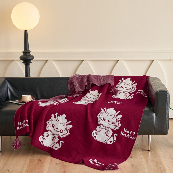 91家纺网 家纺一手货源 找家纺 苏艺针织盖毯 2024新款龙年限定针织亲肤毯龙年大吉盖毯 龙年大吉（红）