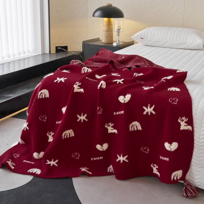 91家纺网 家纺一手货源 找家纺 苏艺针织盖毯 2024龙年限定高克重一体针织毛巾绣亲肤毛毯盖毯 一鹿有你（红）