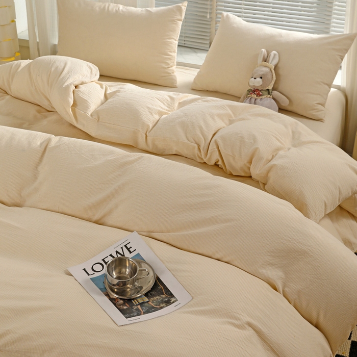 91家纺网 家纺一手货源 找家纺 呗旺鹿 2024新款A类40支全棉色织水洗棉四件套全棉四件套纯棉四件套无印风 时尚简约杏色