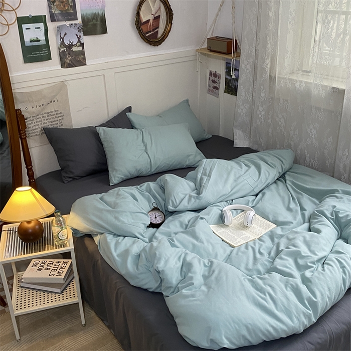 91家纺网 家纺一手货源 找家纺 优迈 2024新款ins风小红书同款纯色双拼水洗棉四件套亲肤加厚磨毛四件套混搭系列-单被套单床单单枕套单床笠 独白绿灰