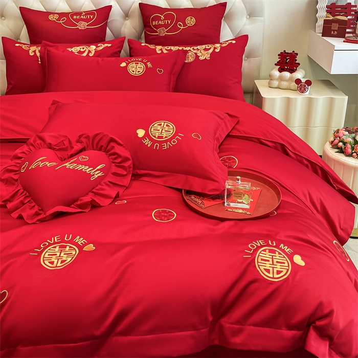 91家纺网 家纺一手货源 找家纺 东方合美（原：皇家传奇） 2024新款轻奢纯棉贡缎织造印花婚庆四件套 喜乐