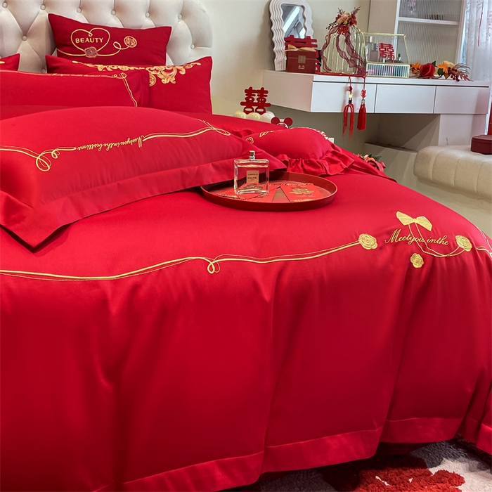 91家纺网 家纺一手货源 找家纺 东方合美（原：皇家传奇） 2024新款轻奢纯棉贡缎织造印花婚庆四件套 法芙娜