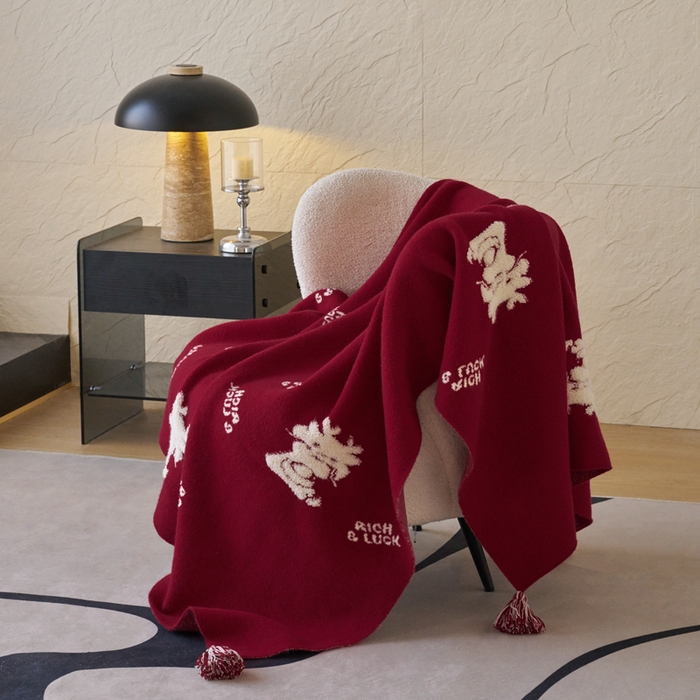 91家纺网 家纺一手货源 找家纺 苏艺针织盖毯 2024龙年限定高克重一体针织毛巾绣亲肤毛毯盖毯 祥龙献瑞  (红）