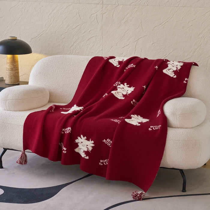 91家纺网 家纺一手货源 找家纺 苏艺针织盖毯 2024龙年限定高克重一体针织毛巾绣亲肤毛毯盖毯 祥龙献瑞  (红）