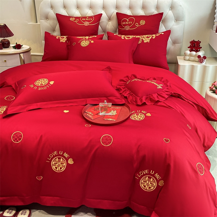 91家纺网 家纺一手货源 找家纺 东方合美（原：皇家传奇） 2024新款轻奢纯棉贡缎织造印花婚庆四件套 喜乐