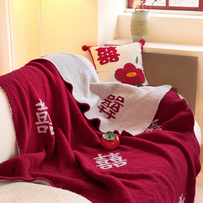 91家纺网 家纺一手货源 找家纺 苏艺针织盖毯 2024新款针织中式风高端婚礼喜字毛毯沙发盖毯 新婚大喜