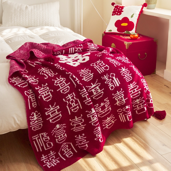 91家纺网 家纺一手货源 找家纺 苏艺针织盖毯 2024新款针织中式风高端婚礼喜字毛毯沙发盖毯 百喜毯（繁）
