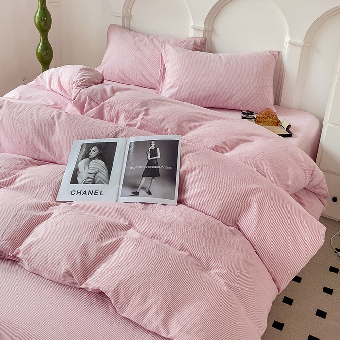 91家纺网 家纺一手货源 找家纺 呗旺鹿 2024新款A类40支全棉色织水洗棉四件套全棉四件套纯棉四件套无印风 魅力条纹豆沙