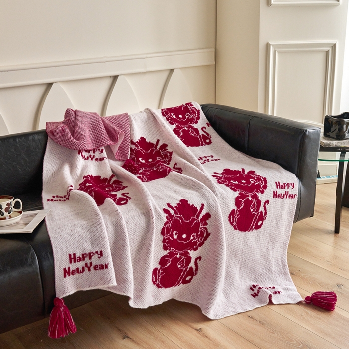 91家纺网 家纺一手货源 找家纺 苏艺针织盖毯 2024新款龙年限定针织亲肤毯龙年大吉盖毯 龙年大吉（白）